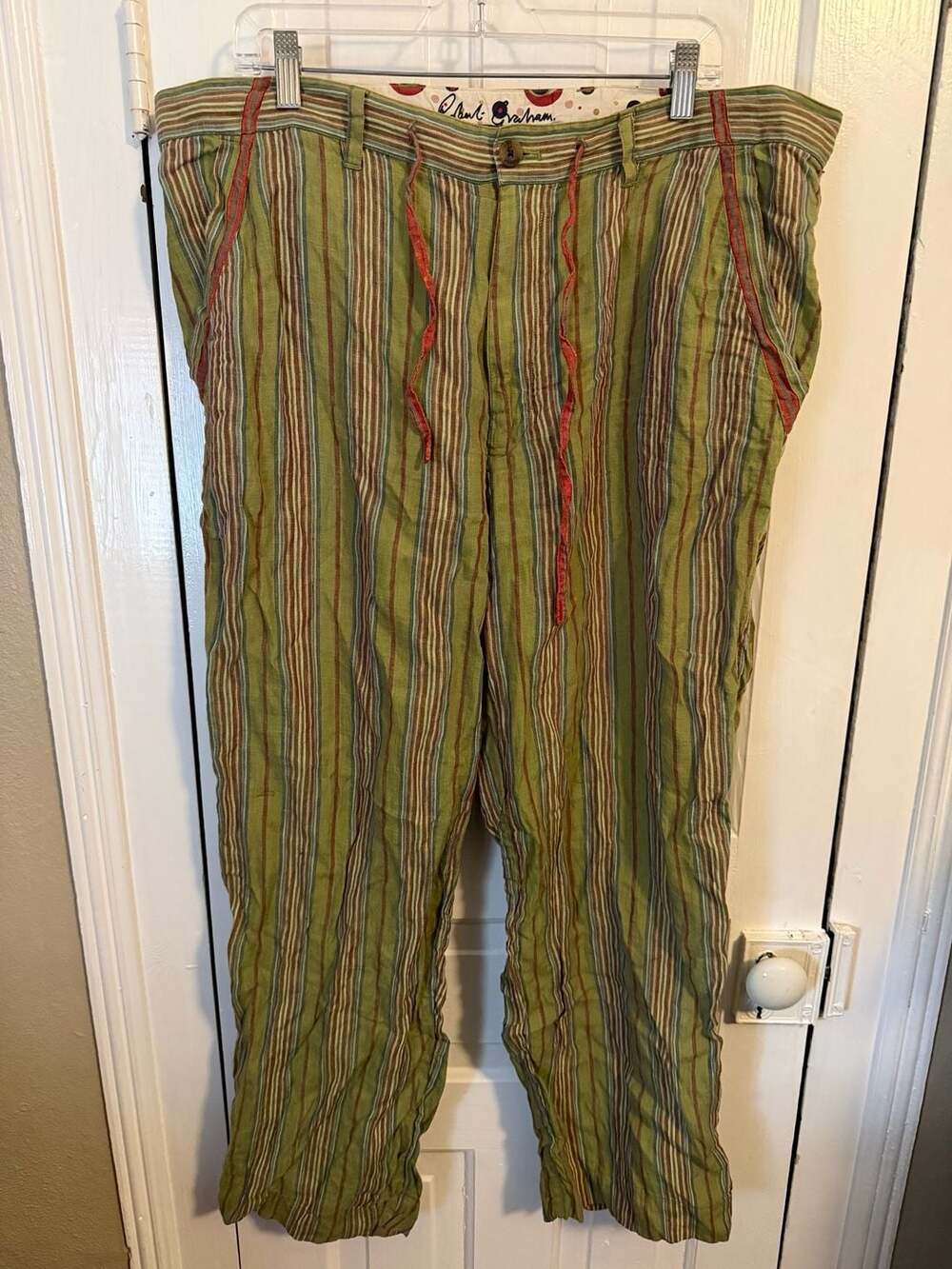 Robert Graham Green Striped Linen Drawstring Pants Men’s 38